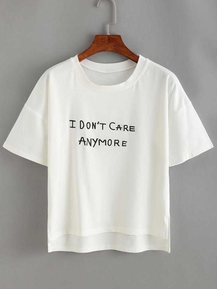 Shein Letter Embroidered High Low T-shirt - White