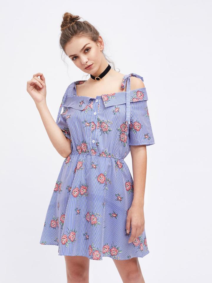 Shein Fold Open Shoulder Rose Print Pinstripe Dress