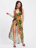 Shein Plunging Backless Tropical Print Overlay Romper
