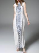 Shein White Embroidered Pleated Split Dress