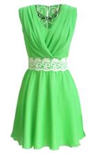 Shein Green V Neck Sleeveless Brightly Pretty Fabulous Trendy Lace Pleated Chiffon Dress