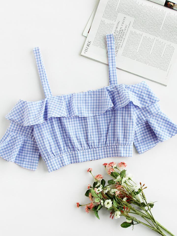 Shein Cold Shoulder Gingham Ruffle Crop Top