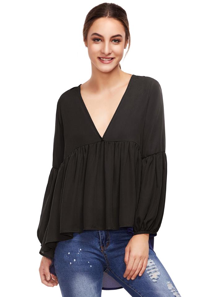 Shein Black V Neck High Low Blouse