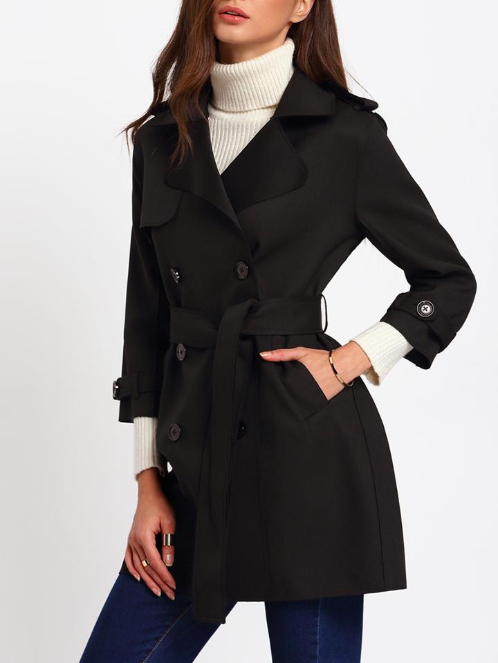 Shein Black Double Breasted Lapel Coat With Belt