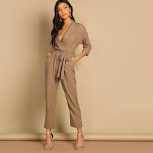 Shein Slant Pocket Belted Notch Neck Jumpsuit