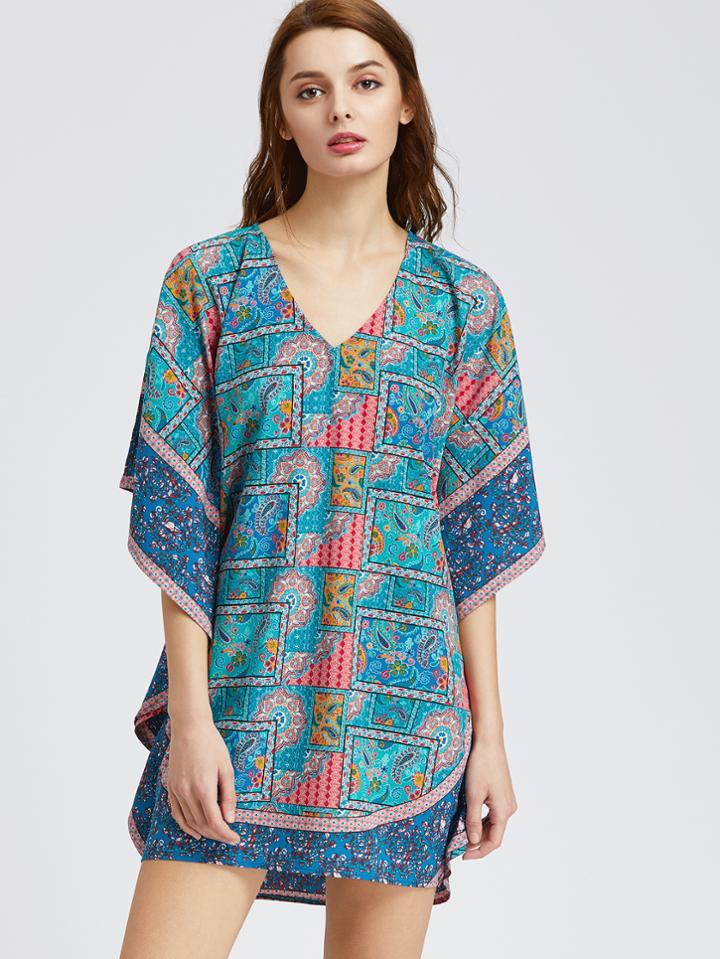 Shein Blue Paisley Print Dolman Sleeve Dress