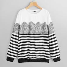 Shein Plus Contrast Lace Striped Pullover