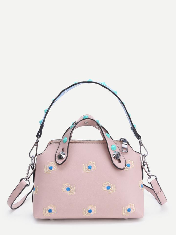 Shein Flower Embroidered Pu Shoulder Bag With Studded