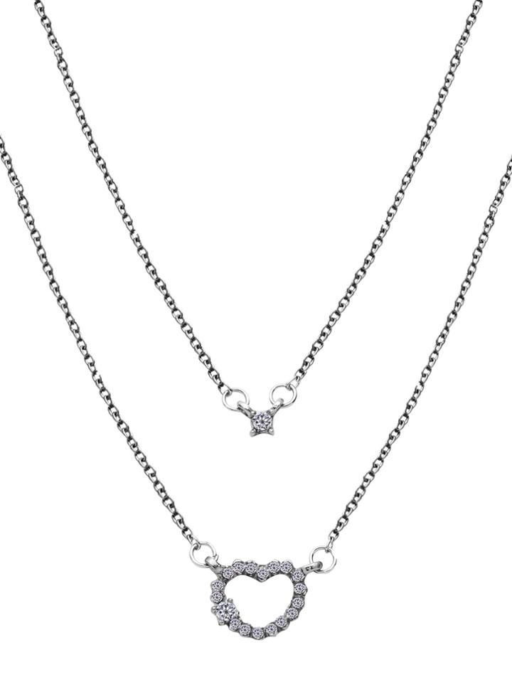 Shein Silver Double Layer Heart Rhinestone Pendant Necklace