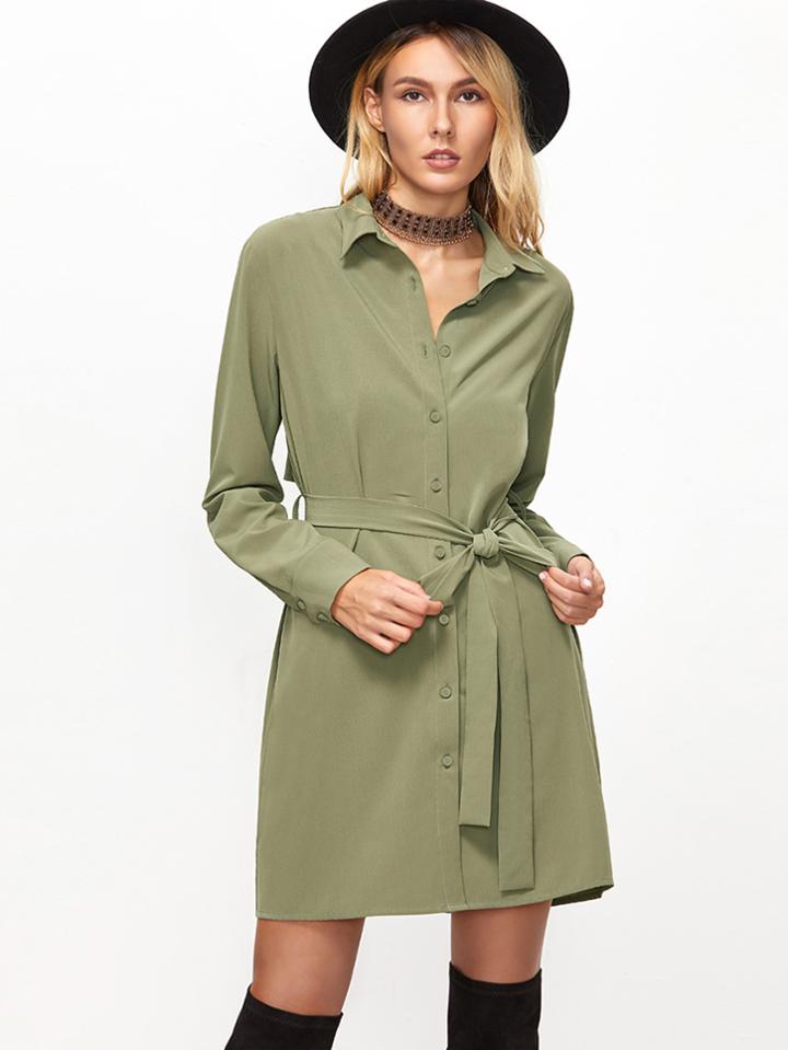Shein Green Button Up Pleated Flap Back Belted Longline Blouse