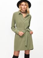 Shein Green Button Up Pleated Flap Back Belted Longline Blouse