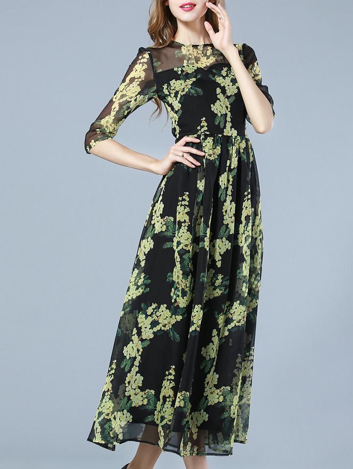 Shein Black Round Neck Half Sleeve Print Dress