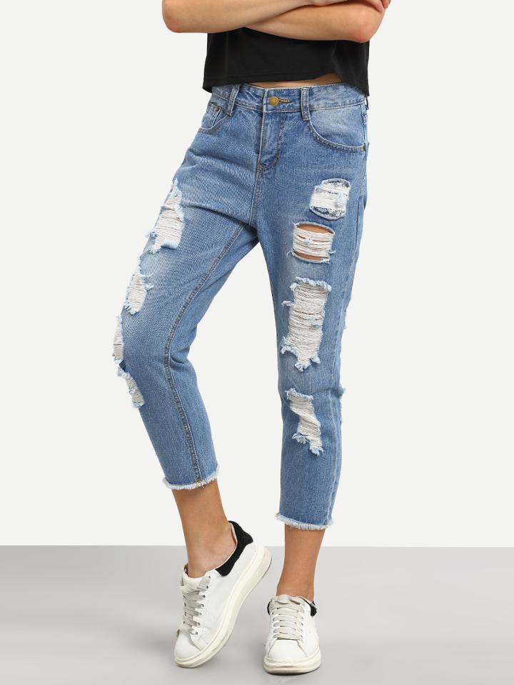 Shein Distressed Raw Hem Blue Ankle Jeans