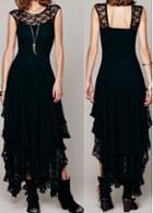 Rosewe Round Neck Black Asymmetric Multilayer Maxi Dress