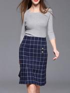 Shein Grey Knit Sweater Top With Plaid Skirt