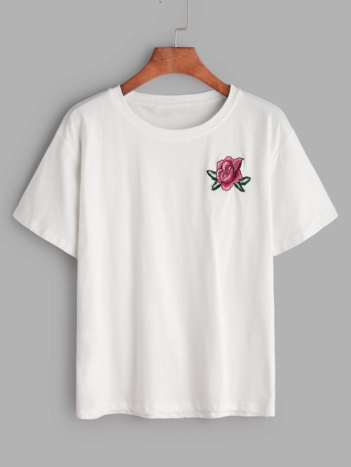 Shein White Flower Embroidered T-shirt