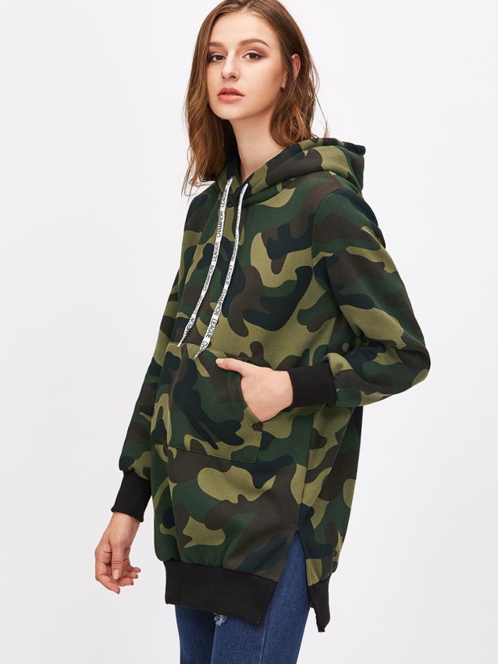 Shein Camo Hooded Slit Side Pocket Sweatshirt
