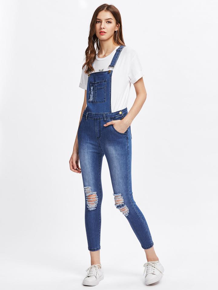 Shein Bleach Wash Knee Ripped Denim Overalls