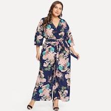 Shein Plus Knot Front Wide Leg Floral Jumpsuit