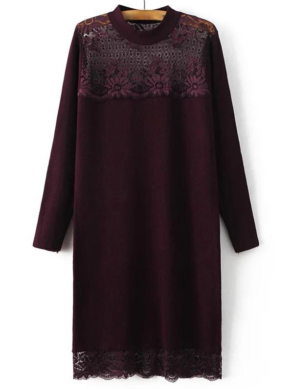Shein Burgundy Band Collar Lace Long Sweater