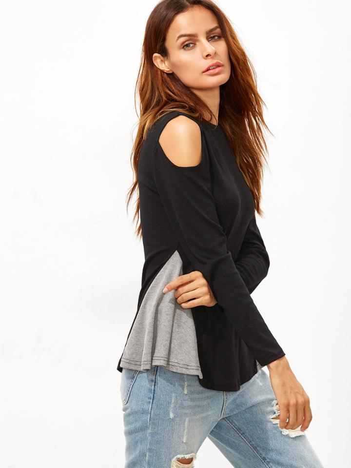 Shein Contrast Ruffle Hem Open Shoulder T-shirt