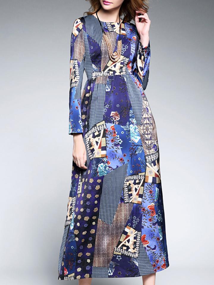 Shein Multicolor Round Neck Long Sleeve Print Dress