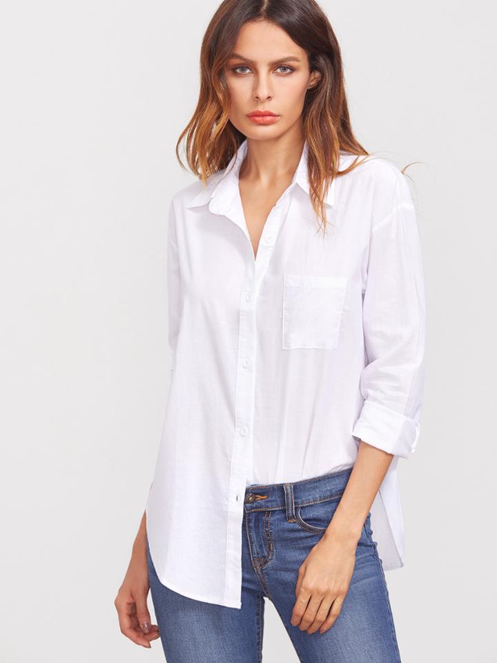 Shein White Curved Hem Shirt With Pocket