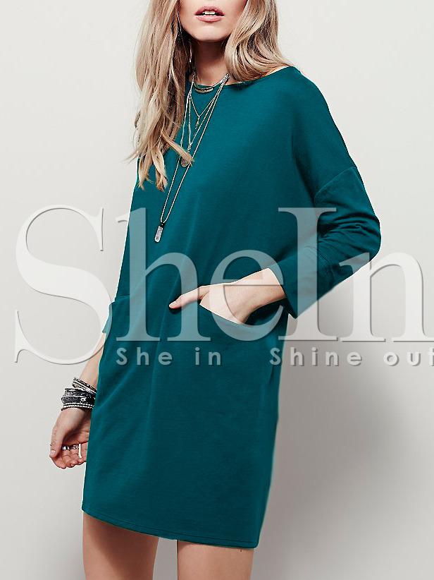 Shein Dark Green Crew Neck Pockets Casual Dress