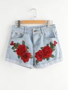 Shein Rose Embroidered Applique Cuffed Denim Shorts