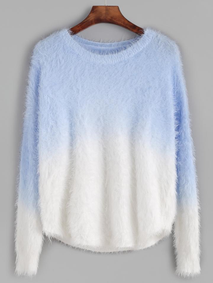 Shein Ombre Drop Shoulder Curved Hem Fuzzy Sweater