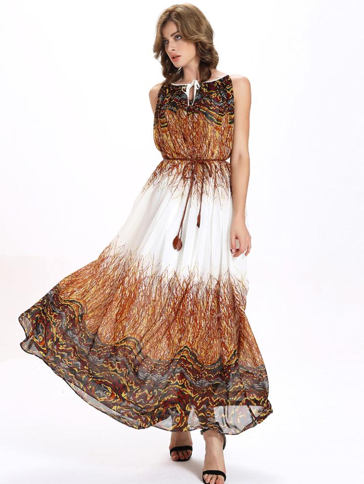 Shein Multicolor Printed Belted Keyhole Tie Neck Chiffon Dress