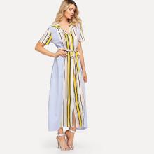 Shein Contrast Striped Self Tie Shirt Dress