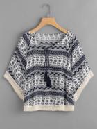 Shein Vintage Print Tassel Tie Neck Crochet Trim Top