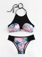 Shein Leaf Print Halter Bikini Set