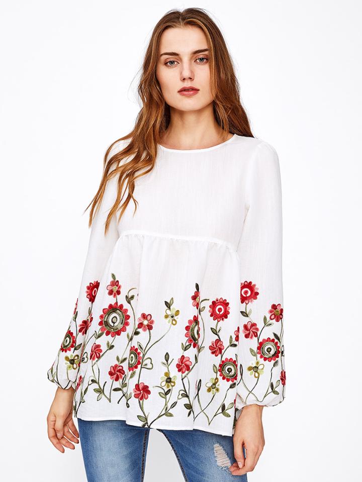 Shein Embroidery Lantern Sleeve Keyhole Back Smock Blouse