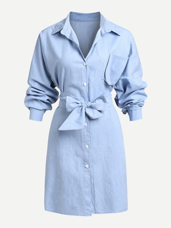 Shein Pocket Front Bow Tie Front Denim Dress