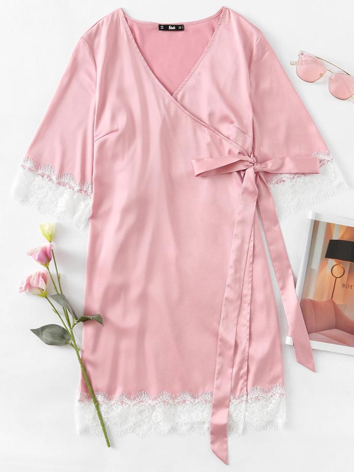 Shein Eyelash Lace Trim Surplice Wrap Nightdress