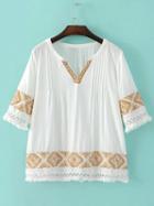 Shein White Half Sleeve Fringe Tirm Embroidery Blouse