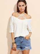 Shein White Crisscross Cold Shoulder Ribbed T-shirt