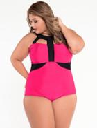 Shein Plus Size Cutout Halter Neck One-piece Swimwear - Hot Pink
