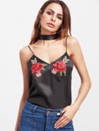 Shein Black Embroidered Rose Patch Cami Top With Neck Tie
