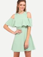 Shein Green Half Sleeve Cold Shoulder Ruffle Dress