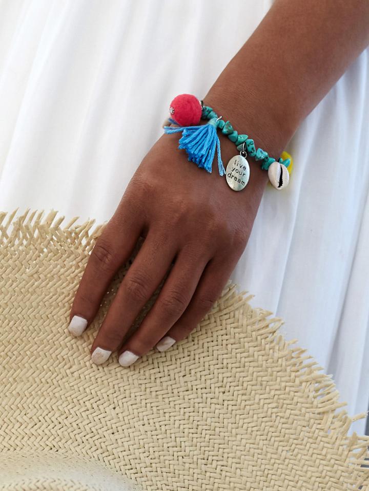 Shein Pom Pom & Tassel Decorated Stone Bracelet