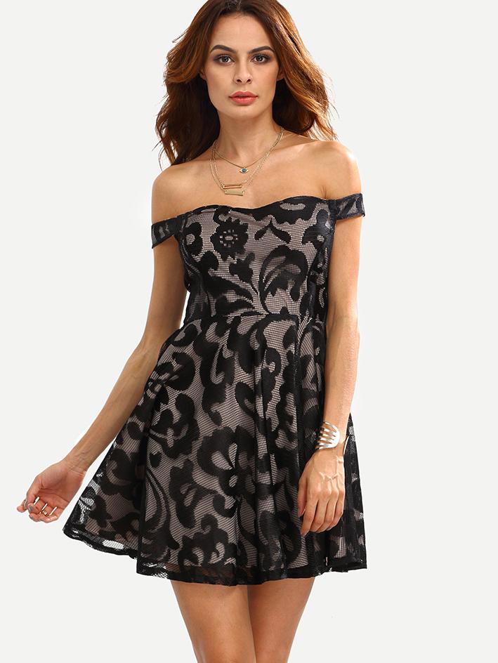 Shein Off-the-shoulder Flower Mesh Flare Dress - Black