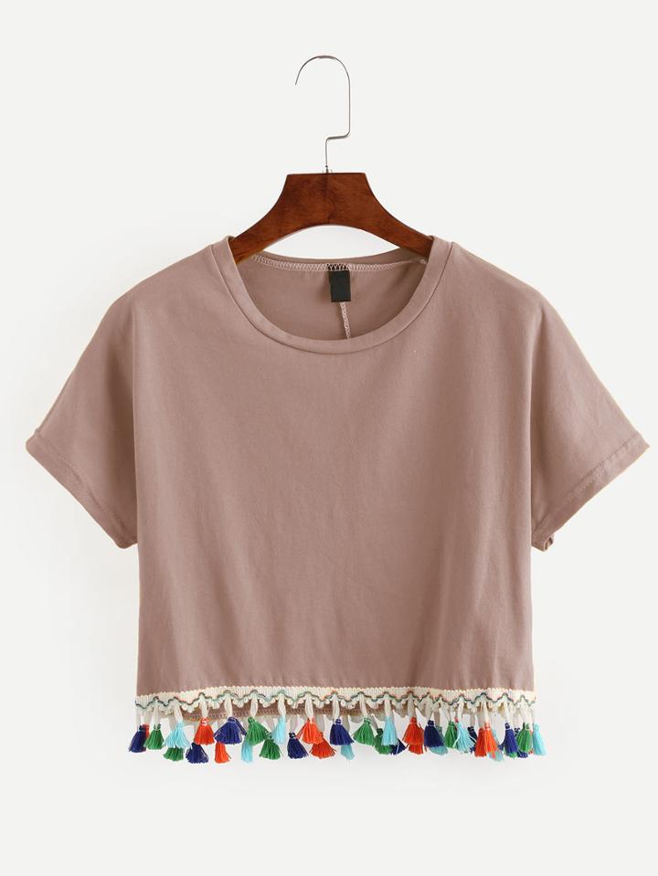 Shein Pink Tassel Trimmed Crop T-shirt