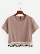 Shein Pink Tassel Trimmed Crop T-shirt