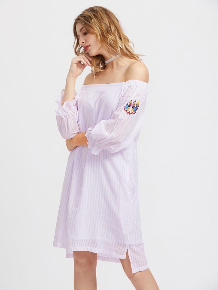 Shein Butterfly Embroidered Fluted Sleeve Stepped Hem Bardot Dress