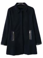 Shein Navy Lapel Zipper Pockets Woolen Coat
