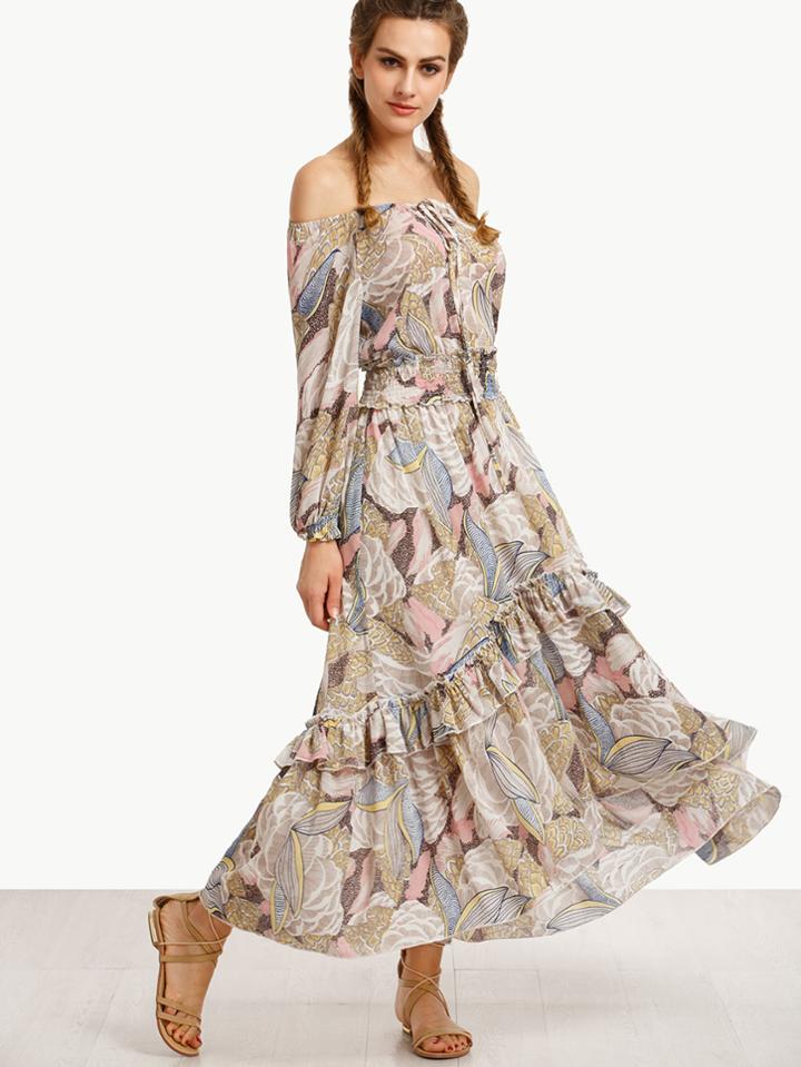 Shein Off Shoulder Tie Neckline Bishop Sleeve Layered Dress