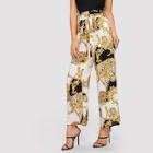 Shein Tie Waist Mixed Print Wide Leg Pants